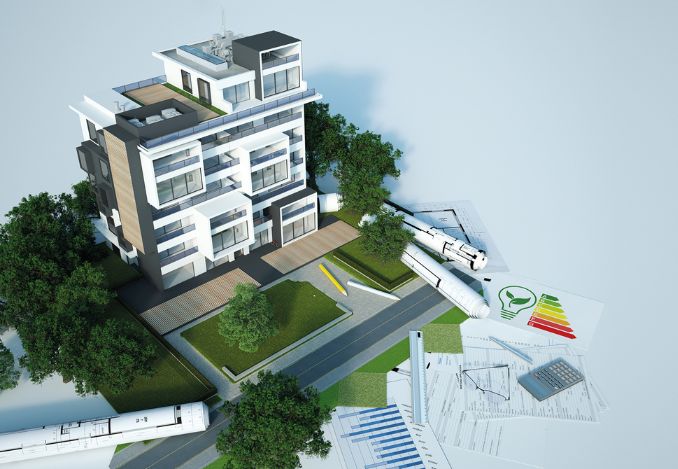 Image avec une vue en 3D d'un bâtiment, des plan et un casque de chantier illustrant le métier de chargé de performance énergétique et environnementale du bâtiment